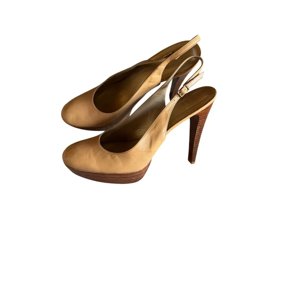 Stuart Weitzman Womens Slingback Pumps Wood Platform Nude Beige‎ Sz 11.5 Leather